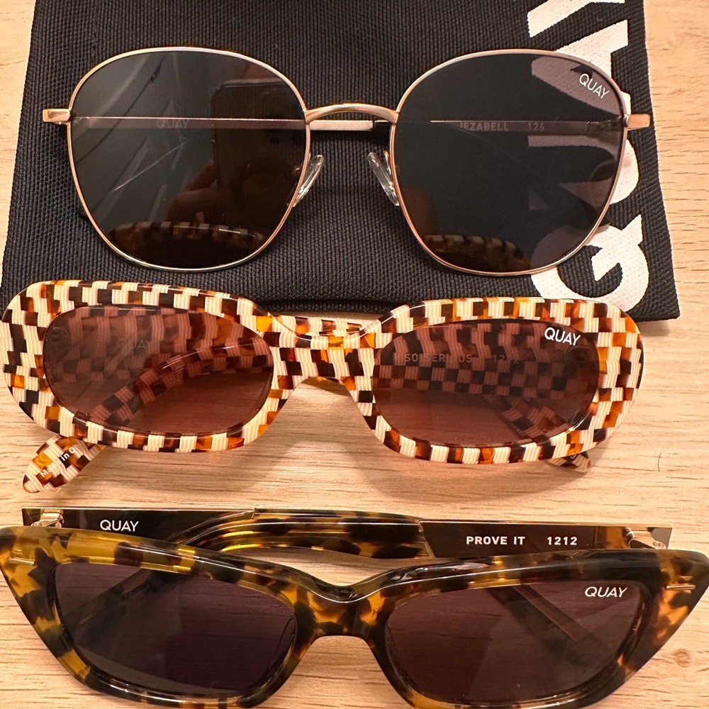 Quay Australia Sunglasses set of 3 - Black, Checkered Brown, Tortoise Cat Eye